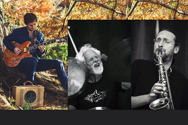 Jazz musicians John Dalton on guitar, Peter Perfido on drums, and Dominique Humbert on saxophone